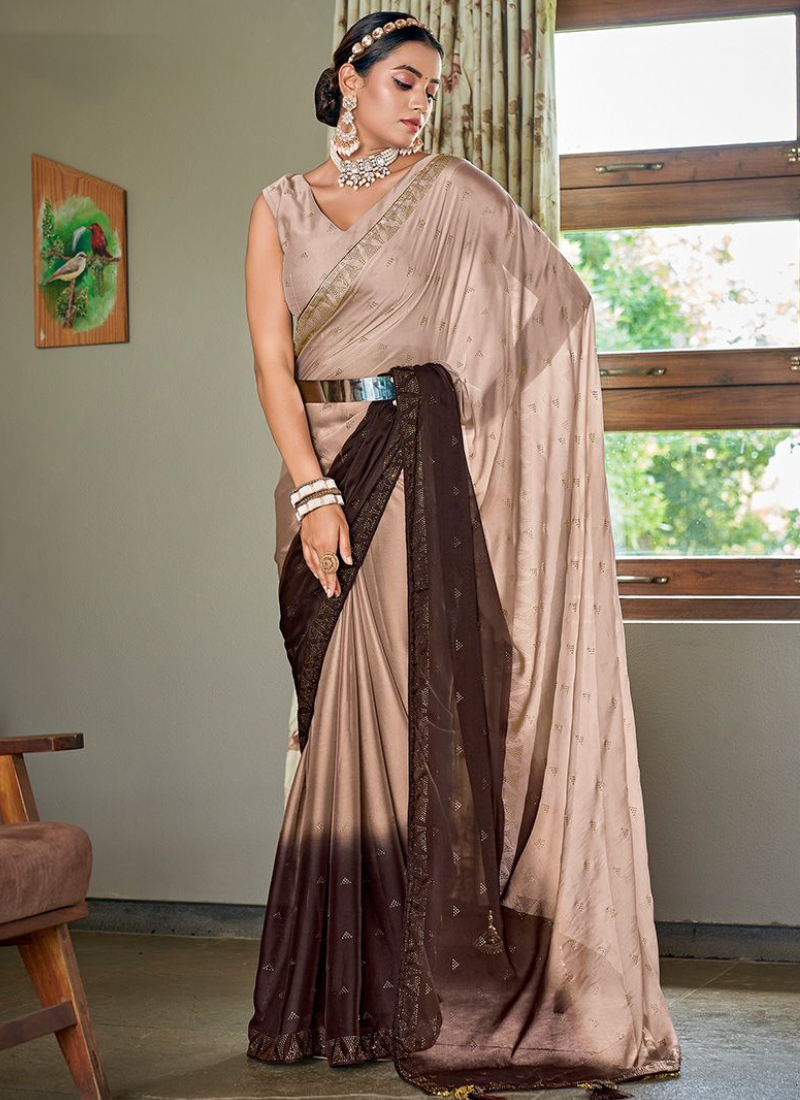 Double Shaded Brown Swarovski Work Silk Saree With Blouse