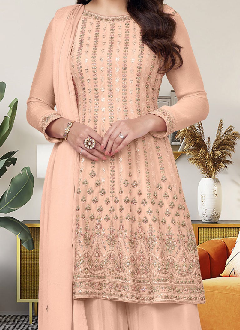 Eid Special Embroidery Work Peach Chinon Silk Salwar Suit