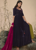 Embroidered Work Georgette Navy Blue Suit With Pink Dupatta