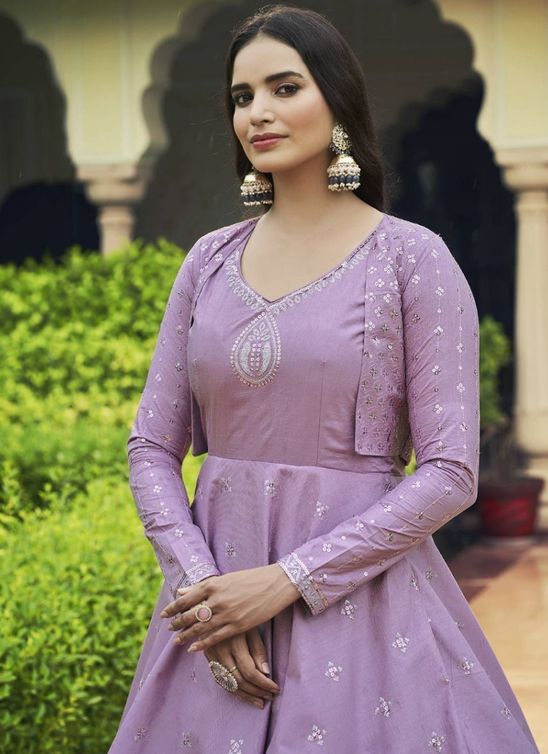 Embroidered Work Pure Cotton Purple Gown With Fancy Jacket