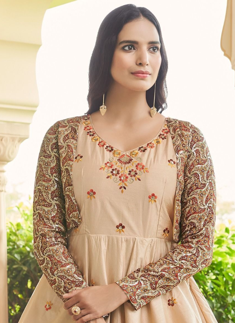 Enhanced Beige Thread Embellished Multi Jacket Anarkali Gown