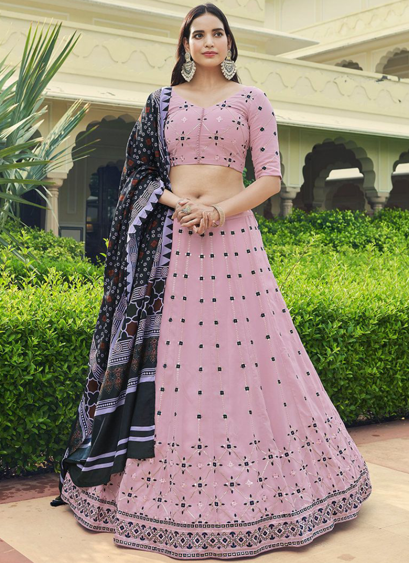 Enthralling Dusty Pink Georgette Thread Embroidered Lehenga