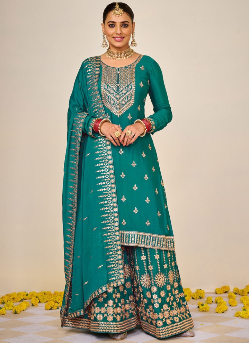 Enticing Heavy Embroidery Work Chinon Rama Green Plazzo Suit