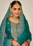 Enticing Heavy Embroidery Work Chinon Rama Green Plazzo Suit