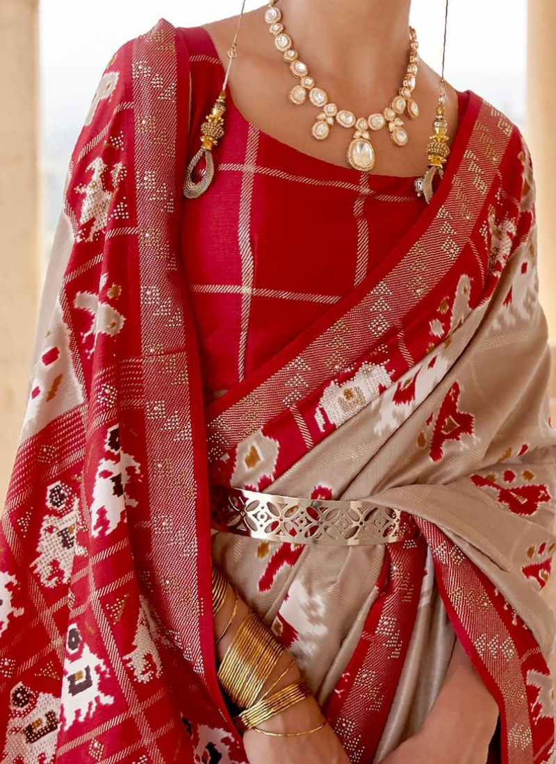 Fancy Beige And Red Double Color Patola Print Silk Saree