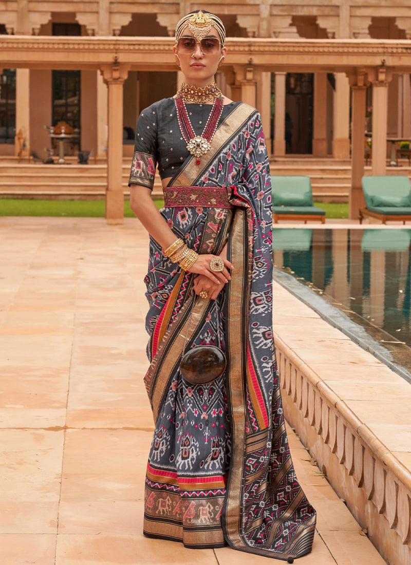 Foil Patola Printed Smooth Silk Grey Saree With Blouse