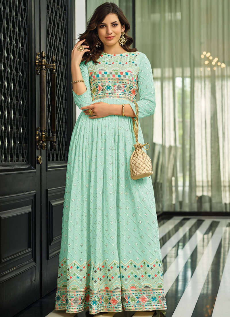 Attractive Georgette Sky Blue Color Wedding Gown Designs