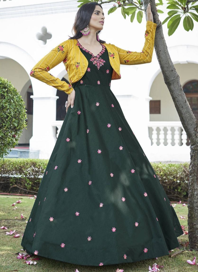 Jacket Style Green Cotton Thread Embroidered Traditional Gown