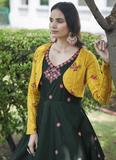 Jacket Style Green Cotton Thread Embroidered Traditional Gown