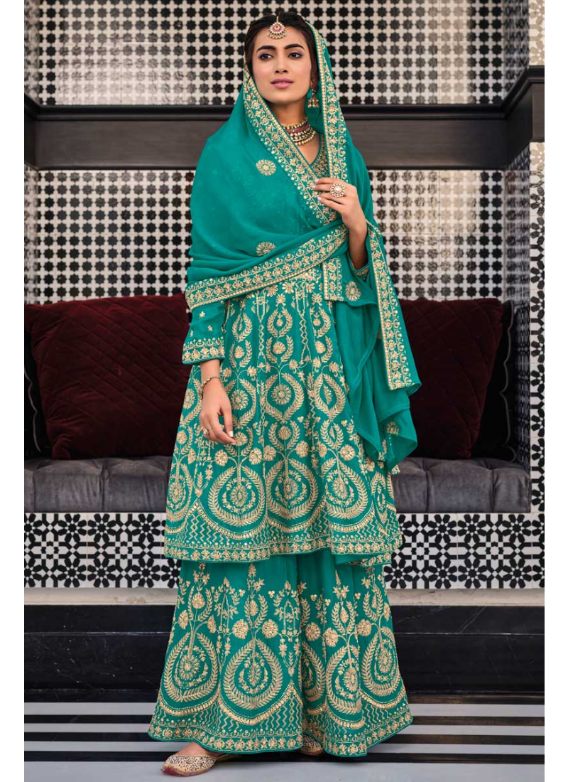 Georgette Thread Embroidered Green Pakistani Salwar Suit