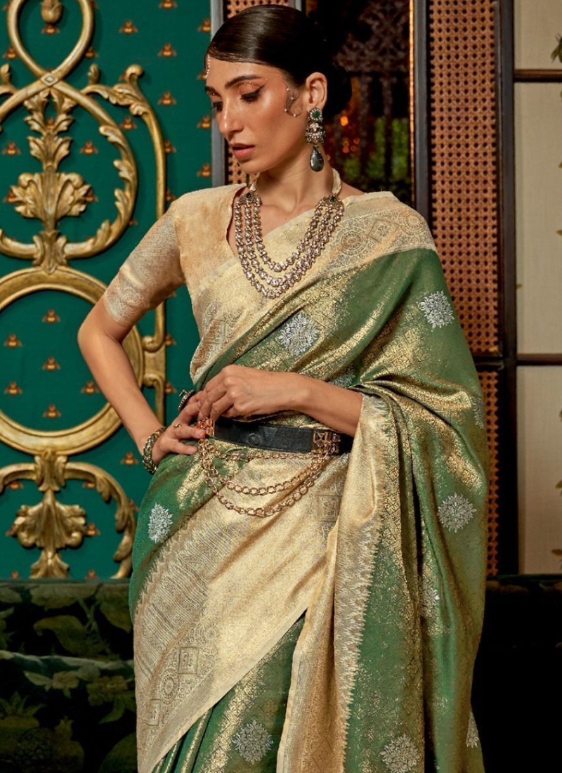 Green And Beige Silk Zari Weaving Work Mehendi Function Saree