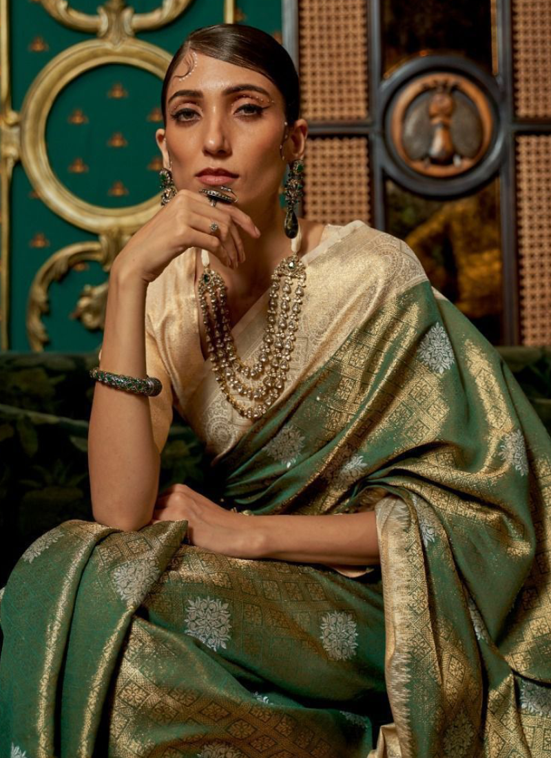 Green And Beige Silk Zari Weaving Work Mehendi Function Saree