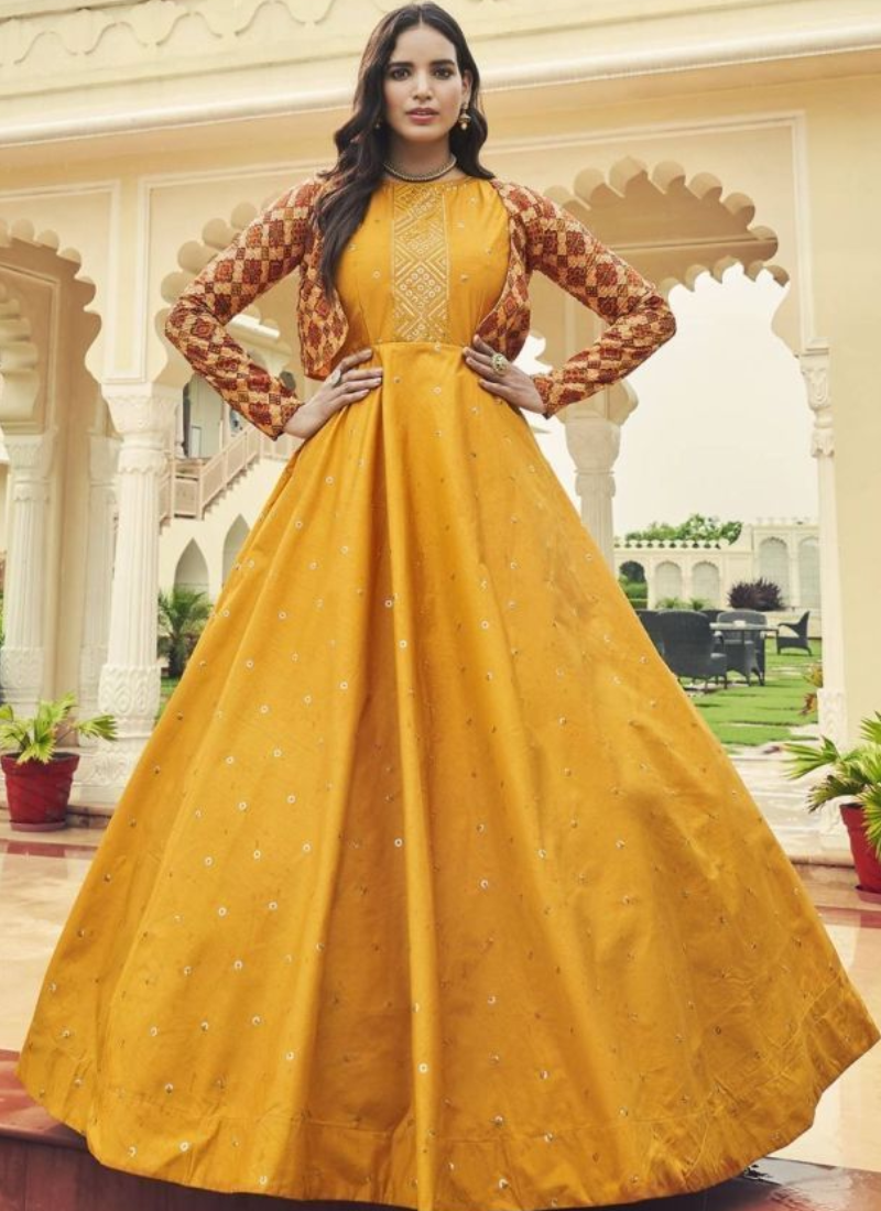 Haldi Function Special Yellow Pure Cotton Gown With Koti tapee.in