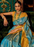 Haldi Special Zari Weaving Work Silk Sky Blue And Yellow Saree