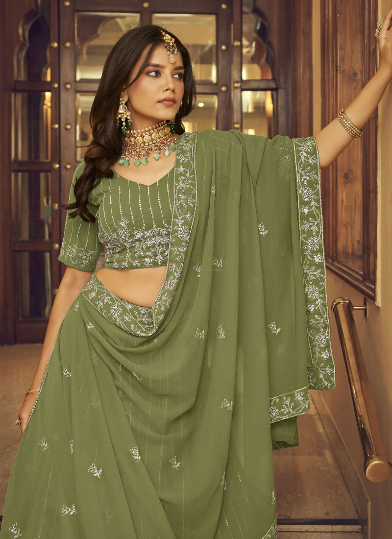Incredible Faux Georgette Mehendi Green Viscose Work Lehenga