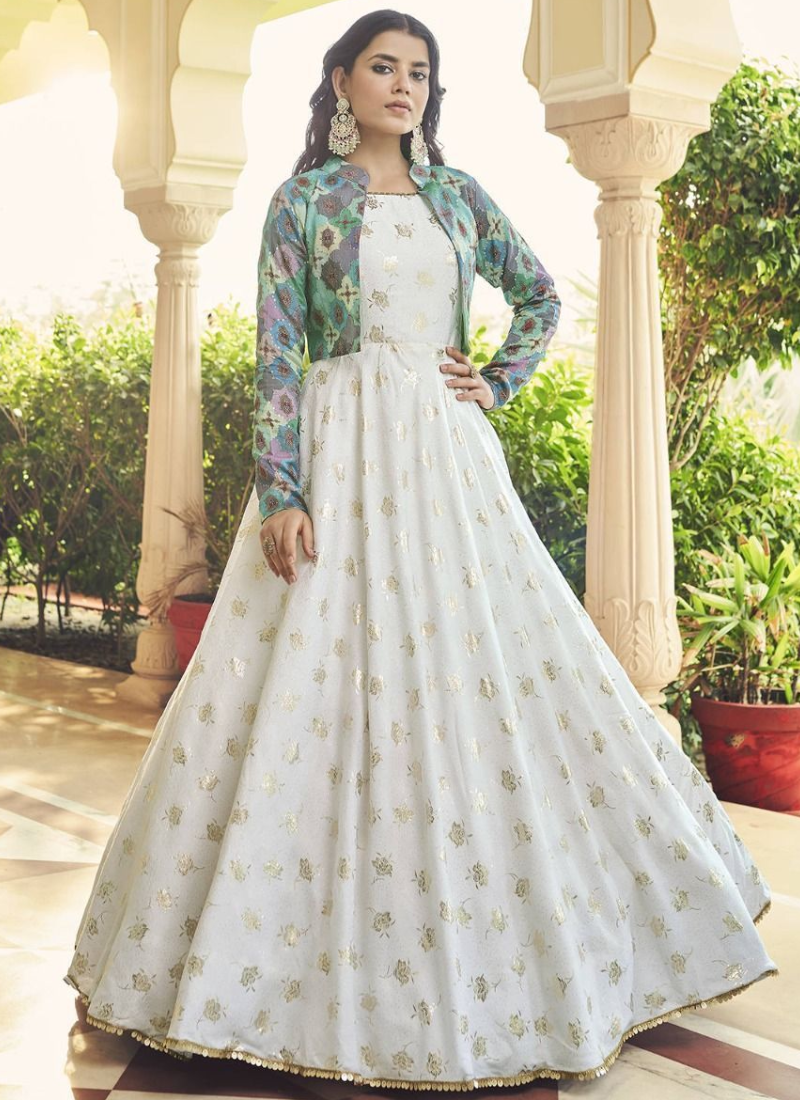 Incredible Floral Printed White Anarkali With Multi Jacket