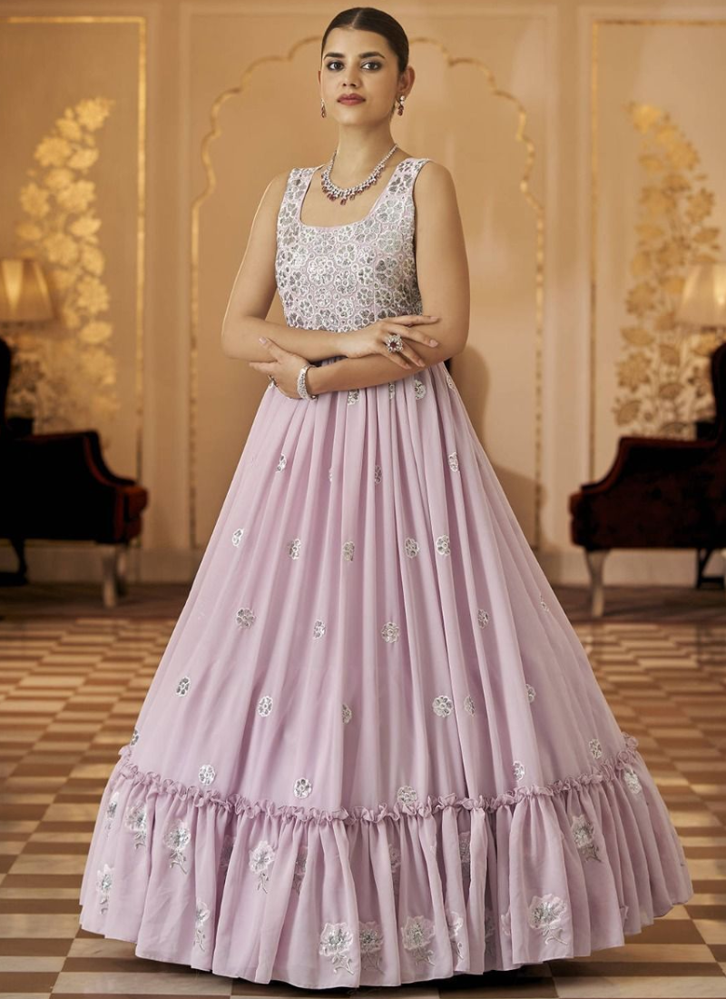 Indo Western Style Pink Thread Embroidered Georgette Long Gown