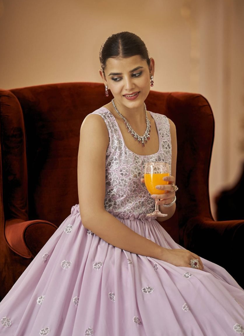 Indo Western Style Pink Thread Embroidered Georgette Long Gown tapee.in