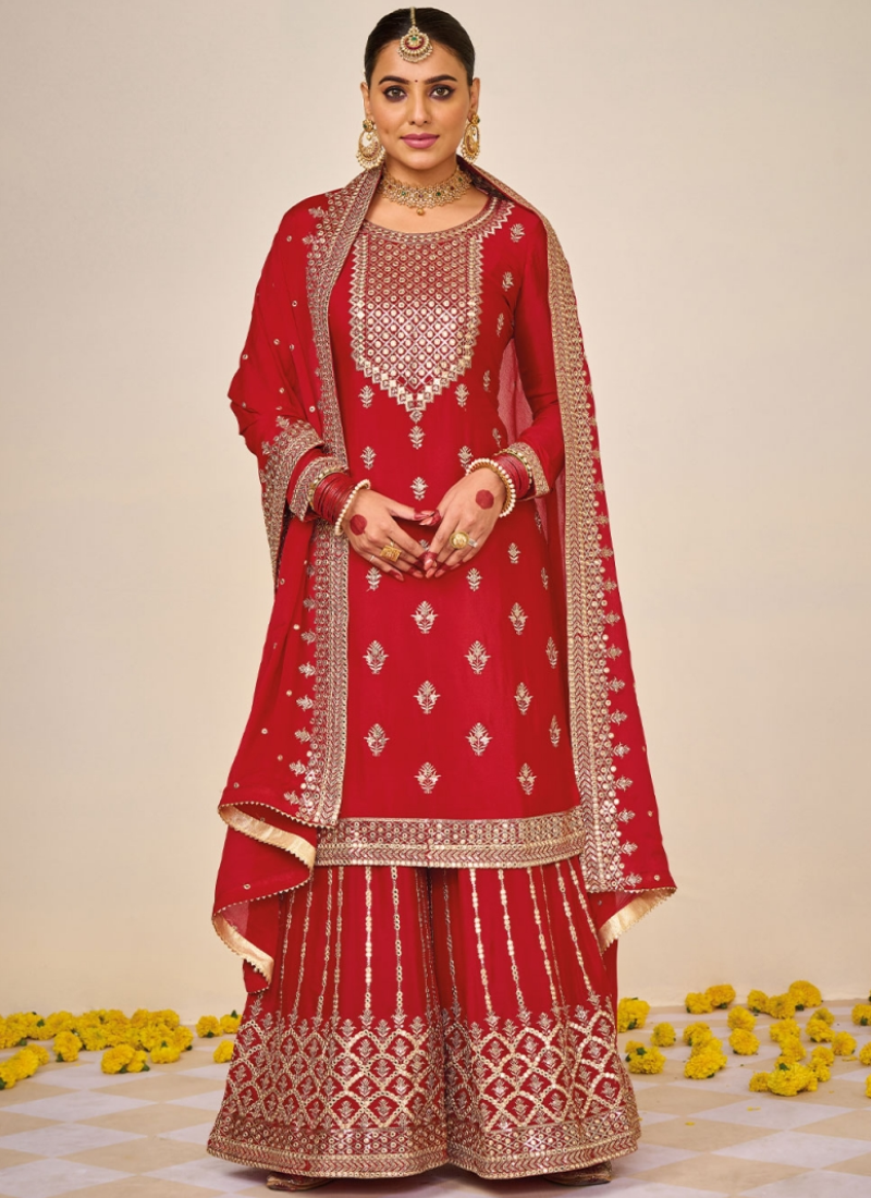 Karwa Chauth Special Resham Work Chinon Fabric Red Palazzo Suit