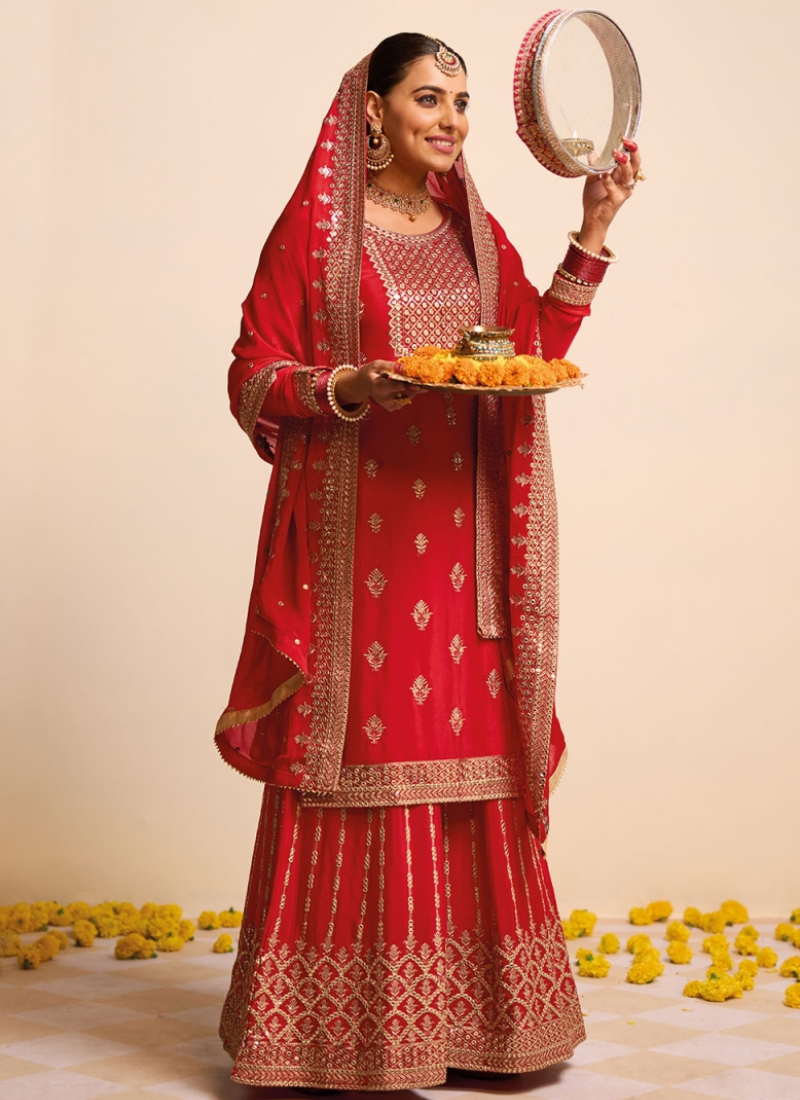 Karwa Chauth Special Resham Work Chinon Fabric Red Palazzo Suit