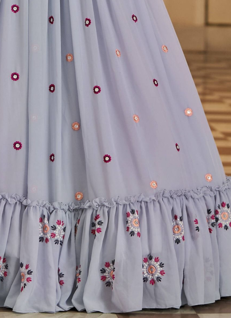 Latest Light Blue Georgette Embroidery Work Long Ruffle Gown