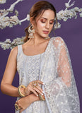 Soft Net Lakhnavi Embroidery Work Lavender Straight Salwar Suit