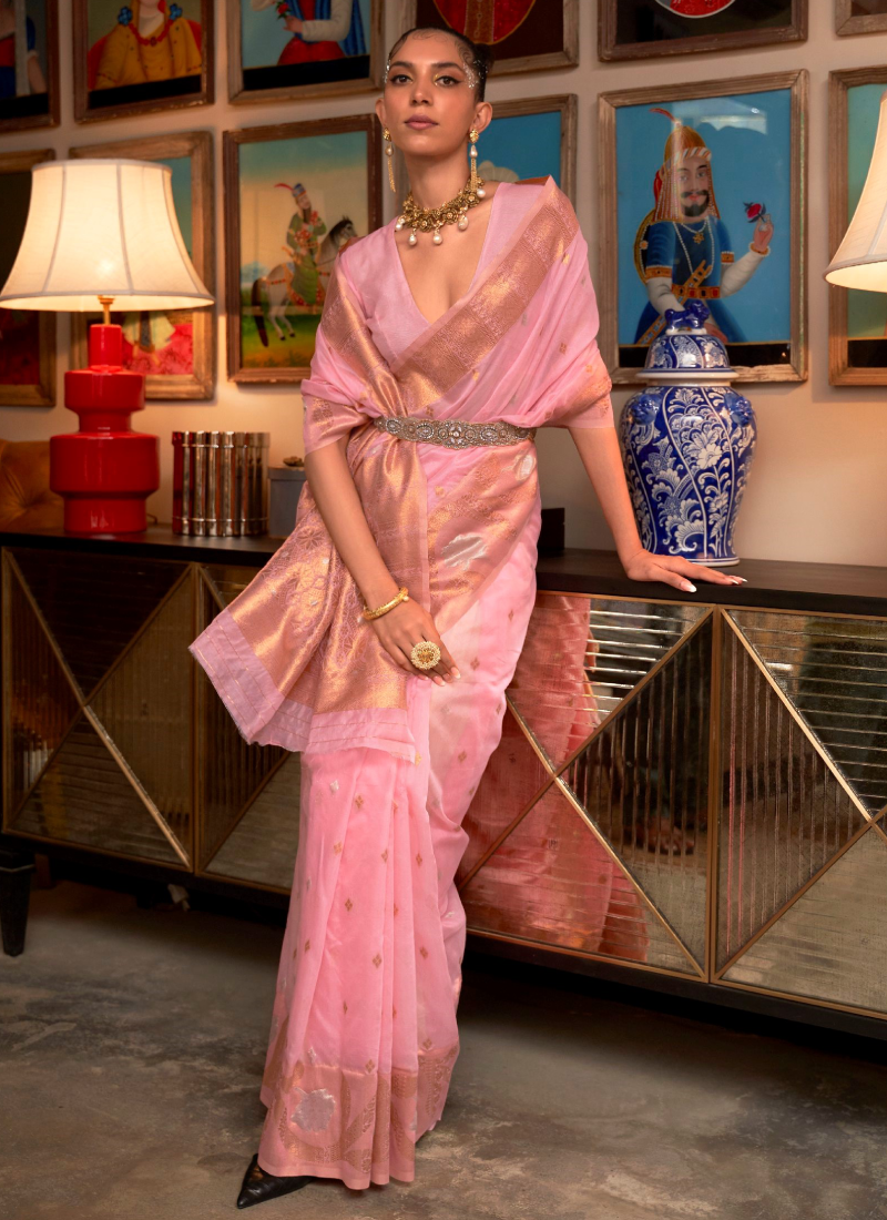 Light Pink Banarasi Organza Zari Weaving Work Saree