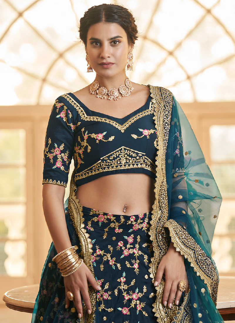 Multi Embroidered Work Chinon Silk Teal Blue Lehenga Choli