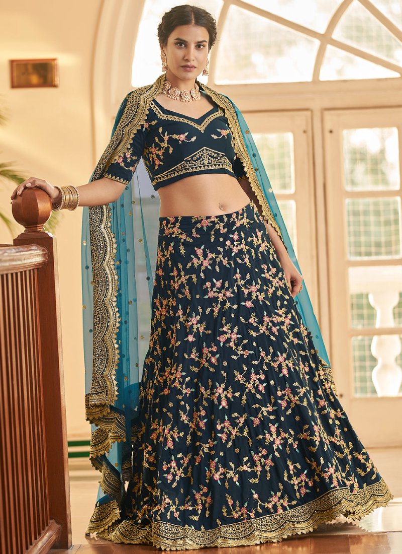 Multi Embroidered Work Chinon Silk Teal Blue Lehenga Choli