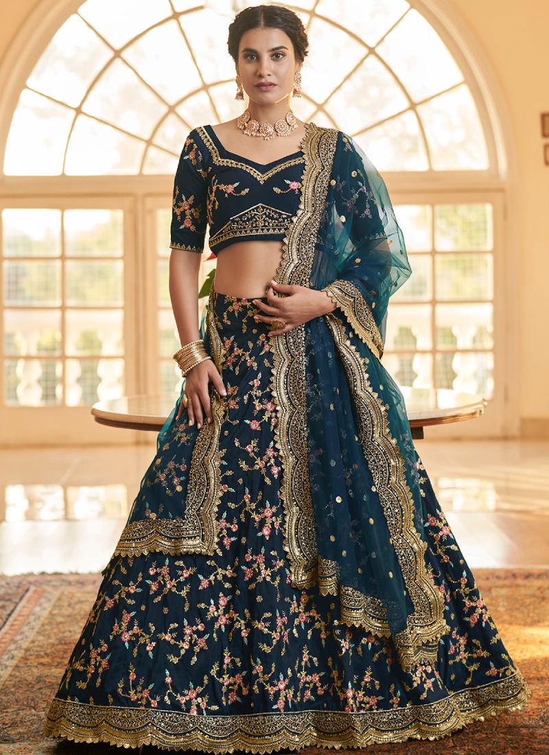 Multi Embroidered Work Chinon Silk Teal Blue Lehenga Choli