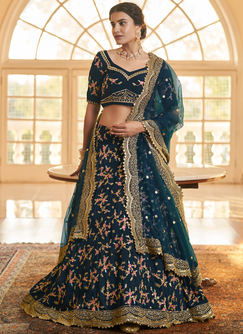 Multi Embroidered Work Chinon Silk Teal Blue Lehenga Choli