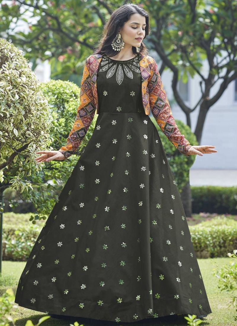 Olive Green Sequence Embroidered Anarkali Gown With Jacket