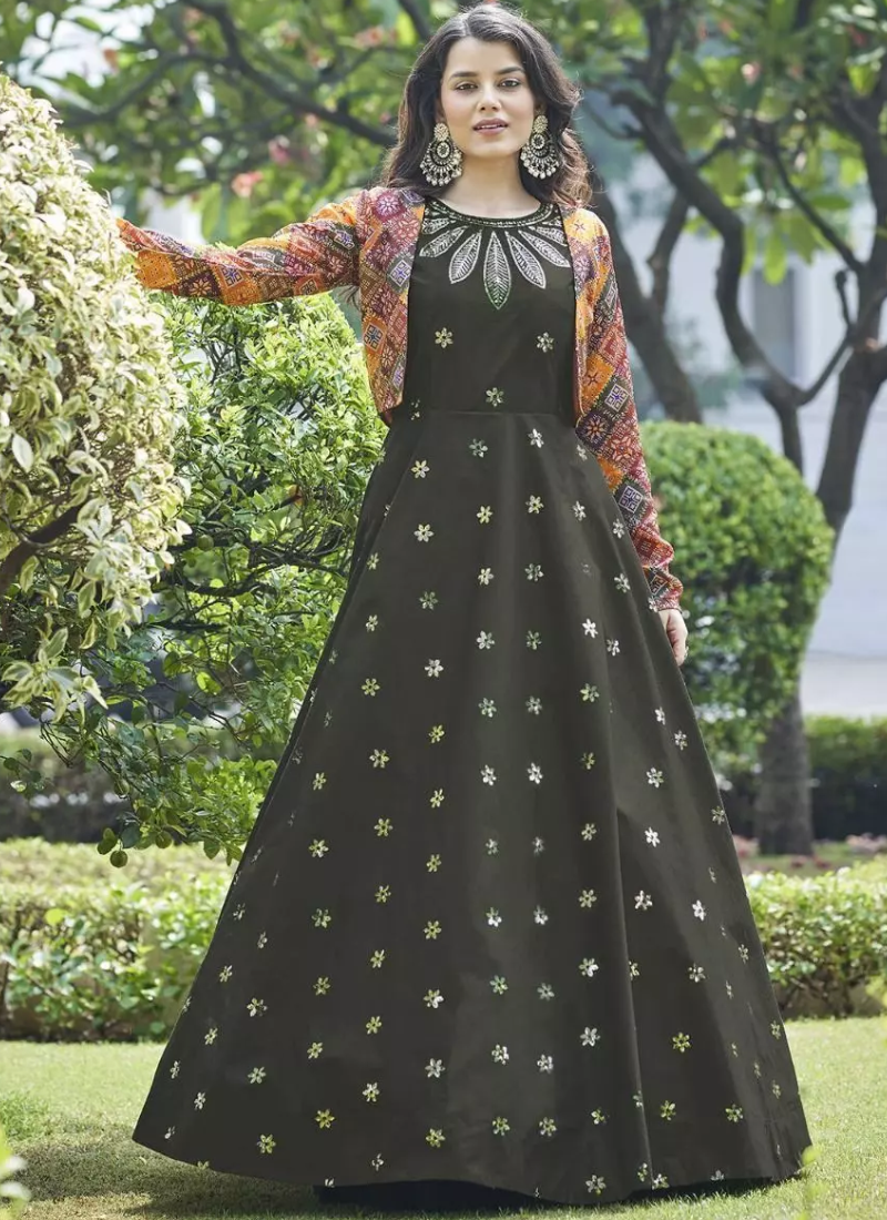 Olive Green Sequence Embroidered Anarkali Gown With Jacket