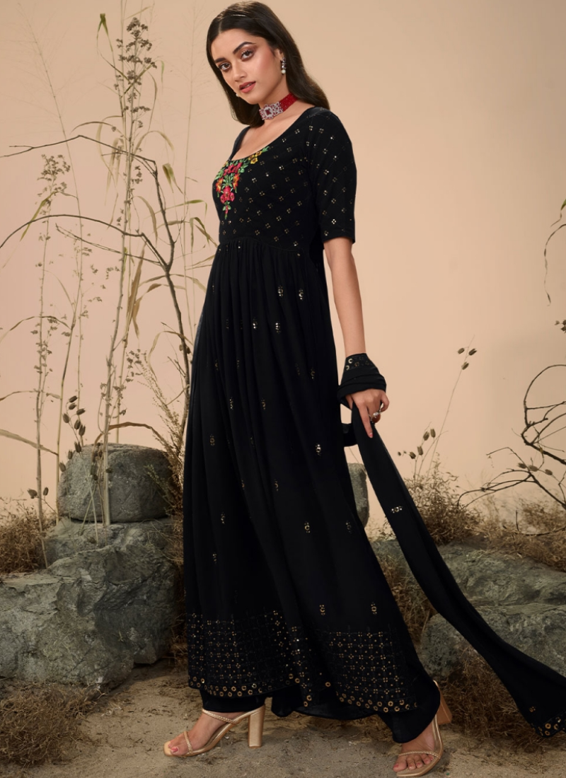 Party Wear Multi Thread Embroidered Black Georgette Palazzo Suit