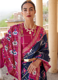 Patola Print Navy Blue Silk Swarovski Work Traditional Saree