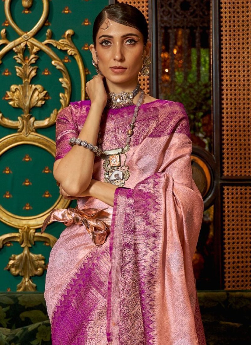 Peach And Purple Zari Weaving Work Silk Saree For Wedding