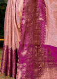 Peach And Purple Zari Weaving Work Silk Saree For Wedding