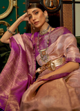 Peach And Purple Zari Weaving Work Silk Saree For Wedding