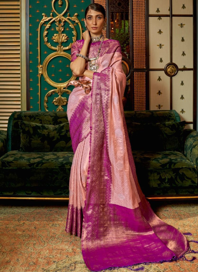 Peach And Purple Zari Weaving Work Silk Saree For Wedding