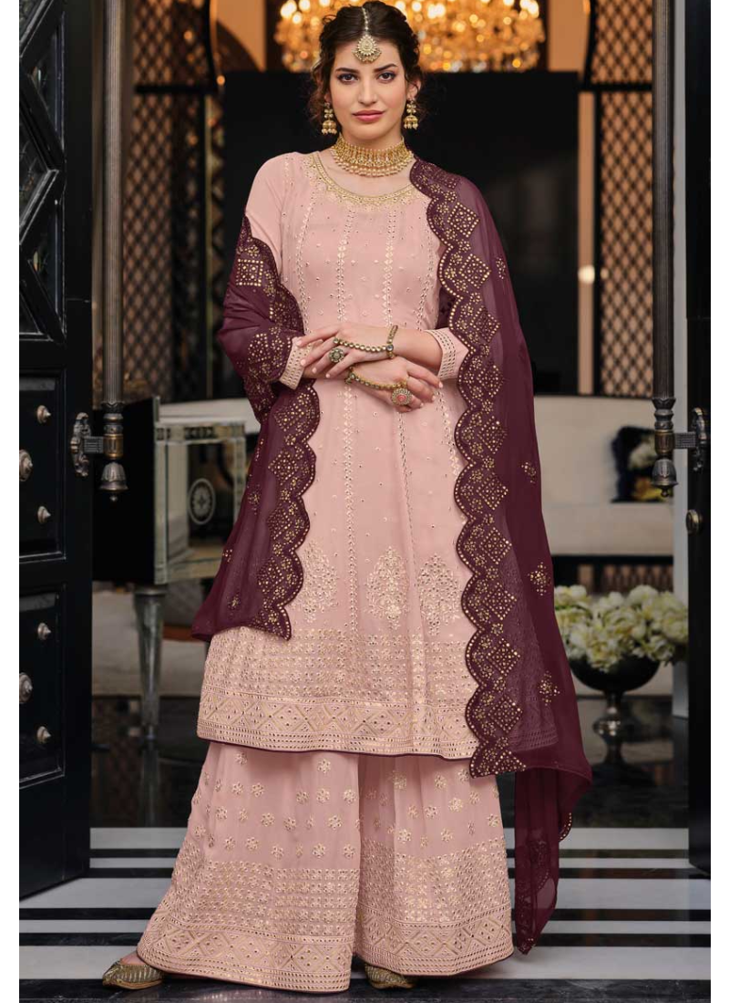 Peach Sequence Embroidery Work Georgette Panjabi Palazzo Suit