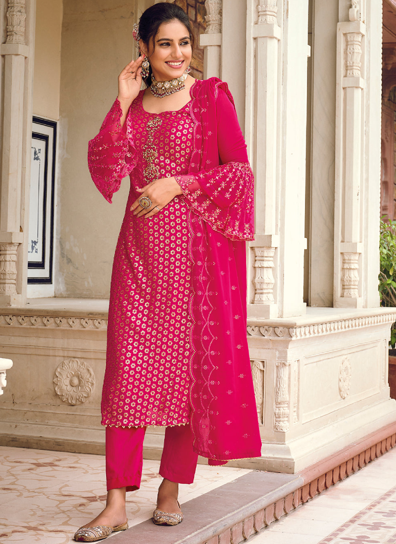 Rani Pink Georgette Embroidery Pant Style Salwar Suit