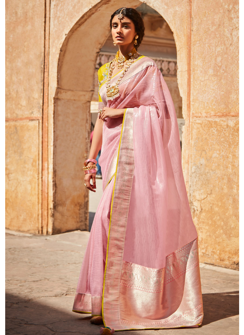 Amazing Baby Pink Banarasi Silk Saree For Wedding