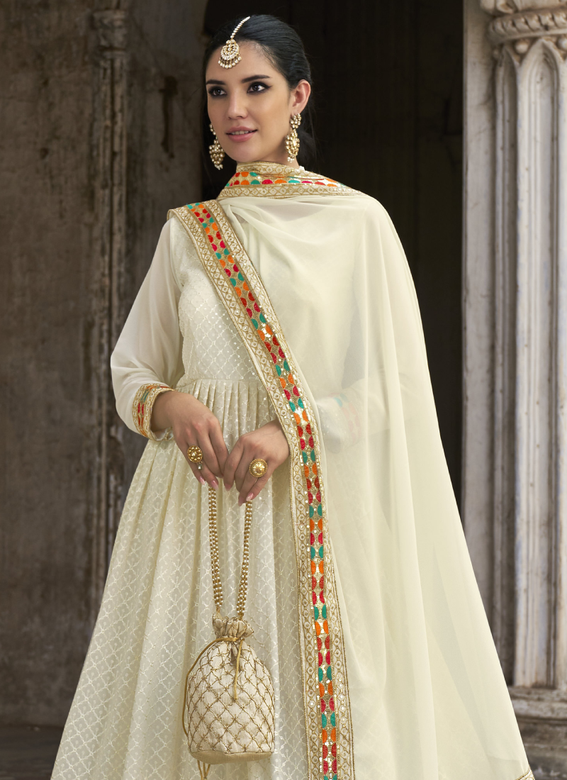 Pure Georgette White Long Anarkali Dress With Dupatta tapee.in
