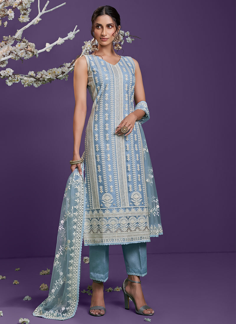 Light Blue Pakistani Pant Style Suit With Heavy Embroidered Work