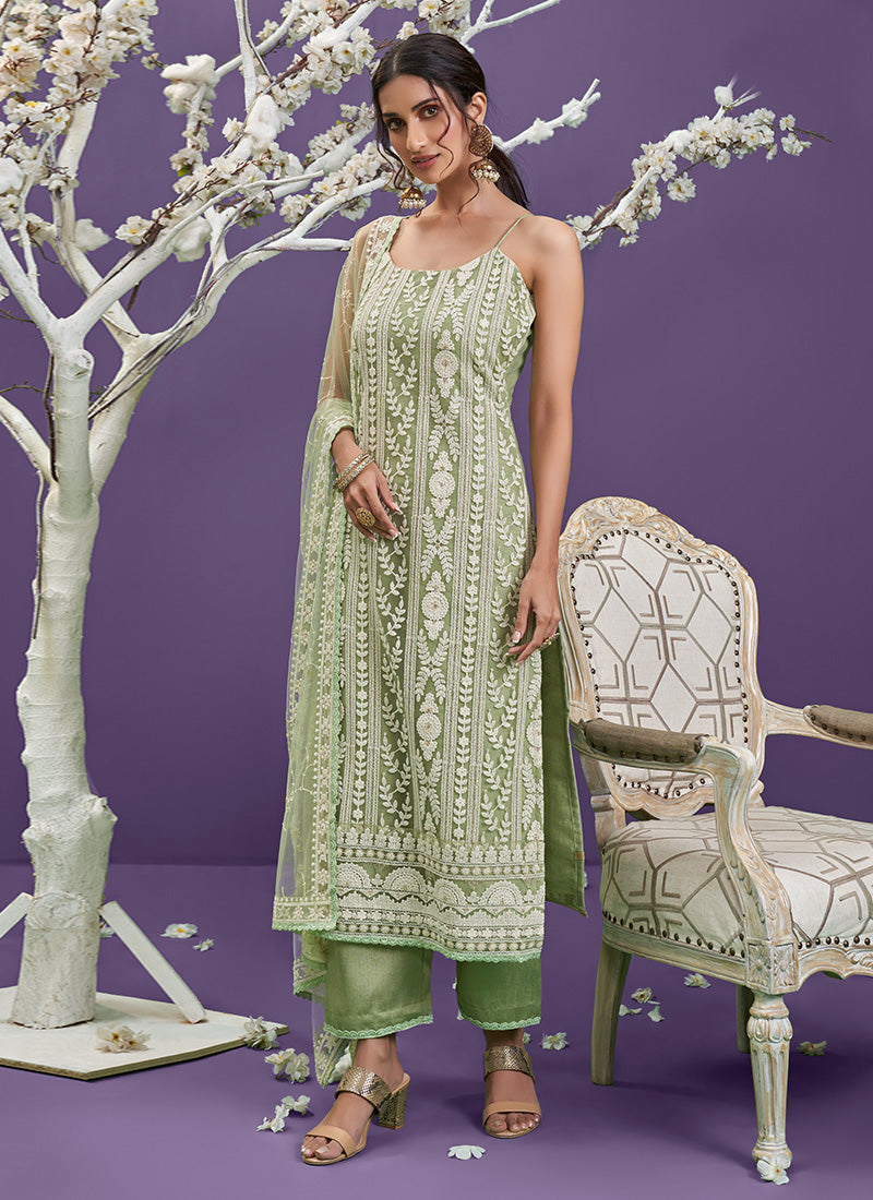 Pista Green Color Soft Net Pant Style Salwar Kameez