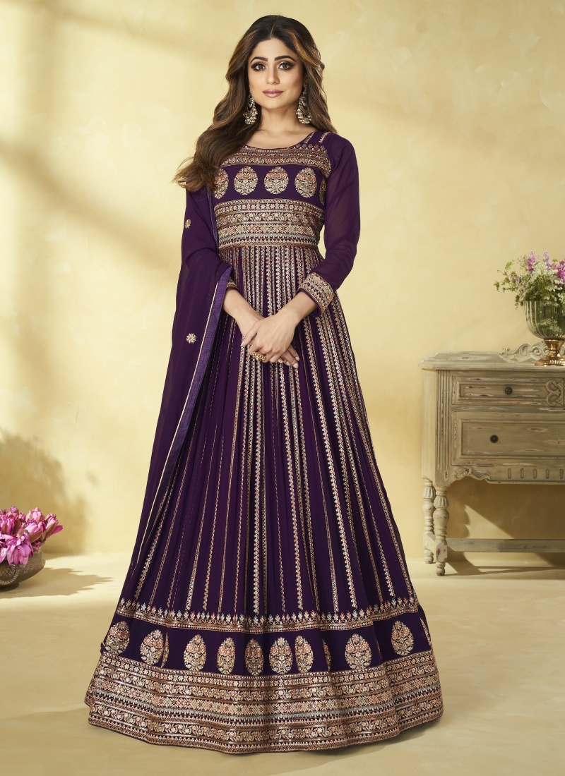 Shamita Shetty Anarkali Dress in Purple Color Georgette Fabric