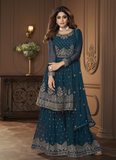 Teal Blue Pure Georgette Bollywood Sharara Suit For Wedding