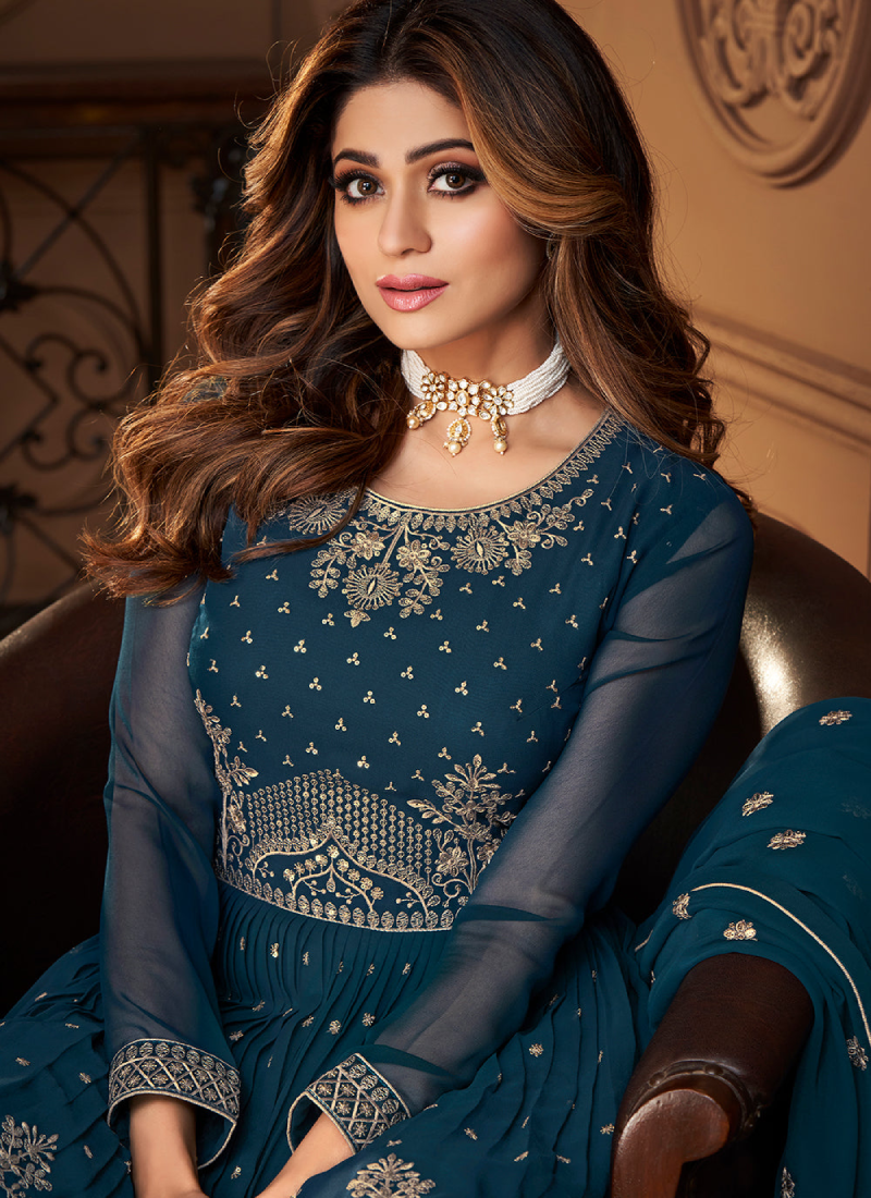 Teal Blue Pure Georgette Bollywood Sharara Suit For Wedding