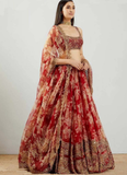 Red Embroidery Work Floral Printed Lehenga Choli For Wedding