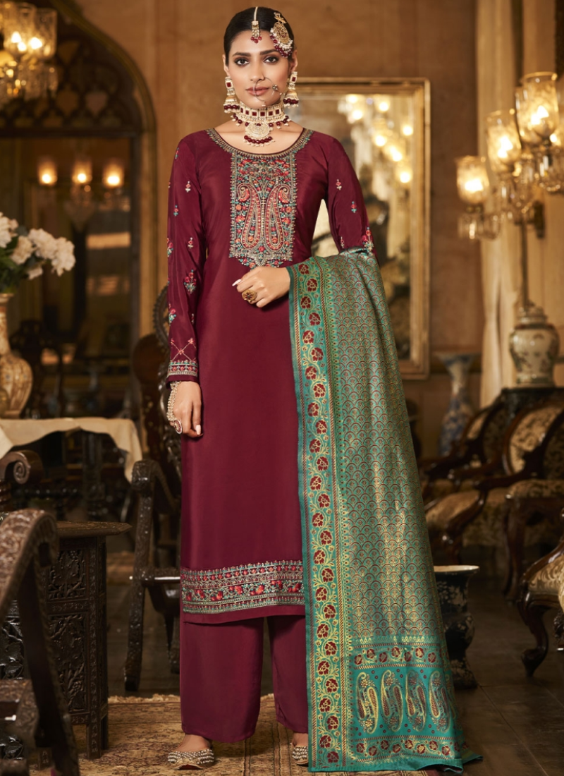 Resham Zari Work Maroon Color Crepe Silk Palazzo Salwar Suit